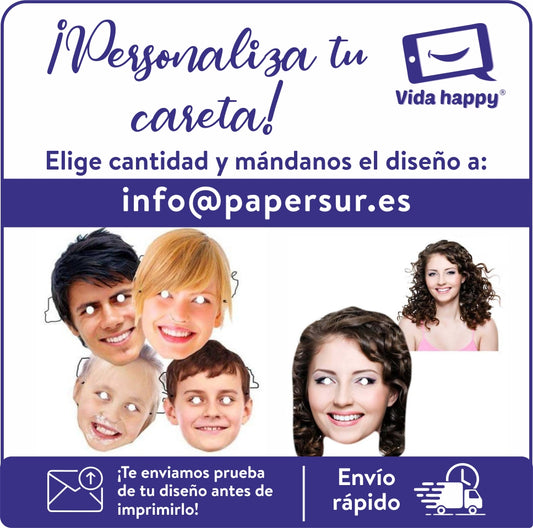 Caretas personalizadas - Pack de 25, 50 y 100 unidades