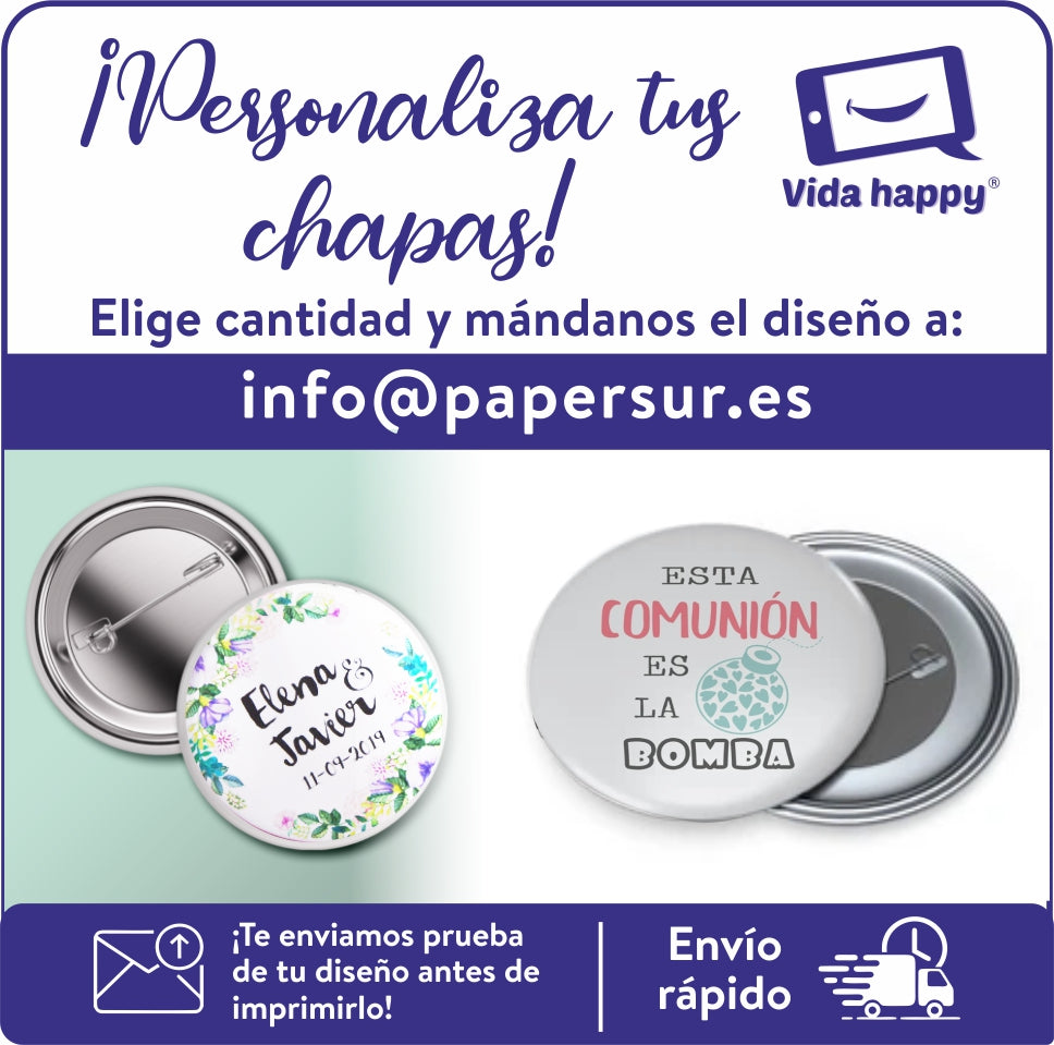 Chapas personalizadas redondas, 59 mm - Pack 10, 25, 50, 100 y 300