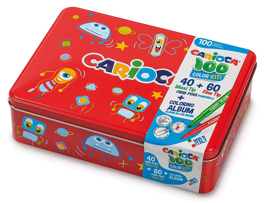 CARIOCA Color Box | 100 Rotuladores Super Lavables con una Caja de Metal , Rotuladores Punta Fina y Punta Maxi con Álbum para Colorear, 100 Rotuladores