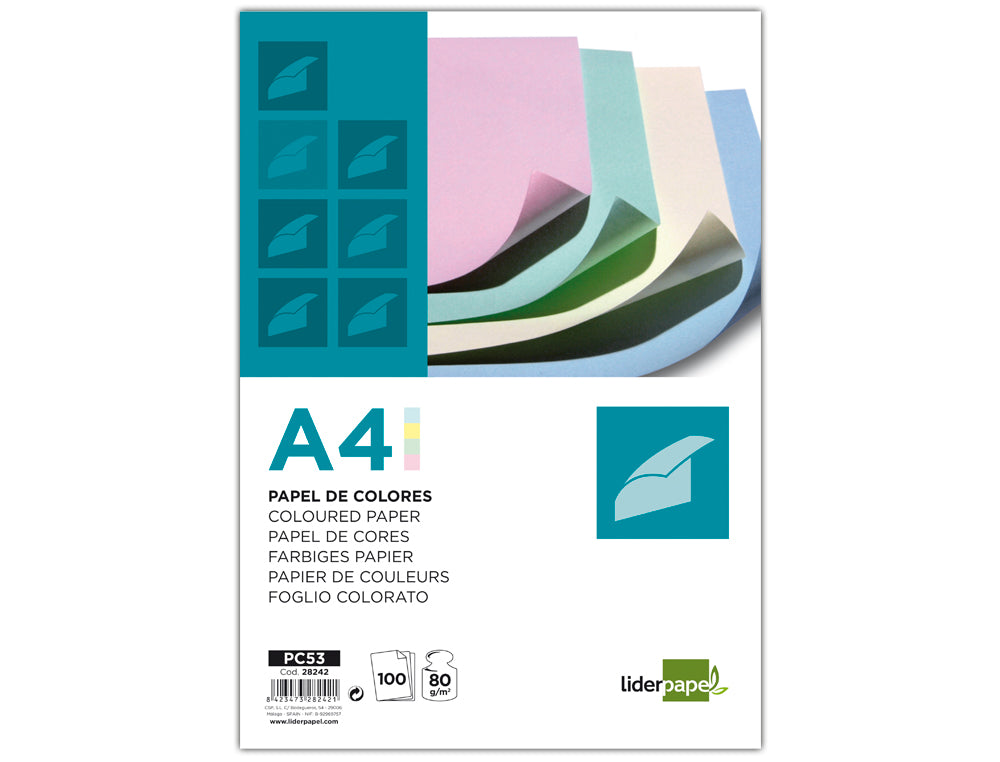 Papel color liderpapel a4 80g/m2 4 colores surtidos paquete de 100 hojas.