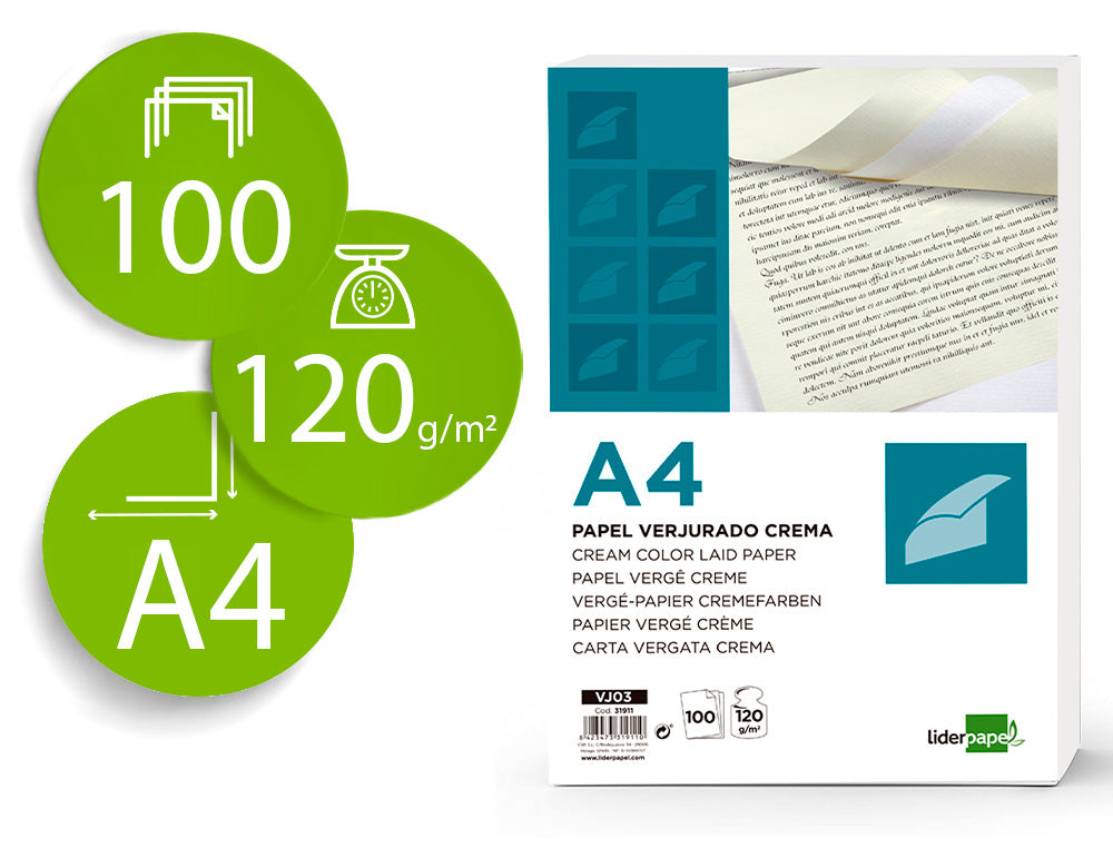 Papel verjurado liderpapel a4 120g/m2 crema paquete de 100 hojas.