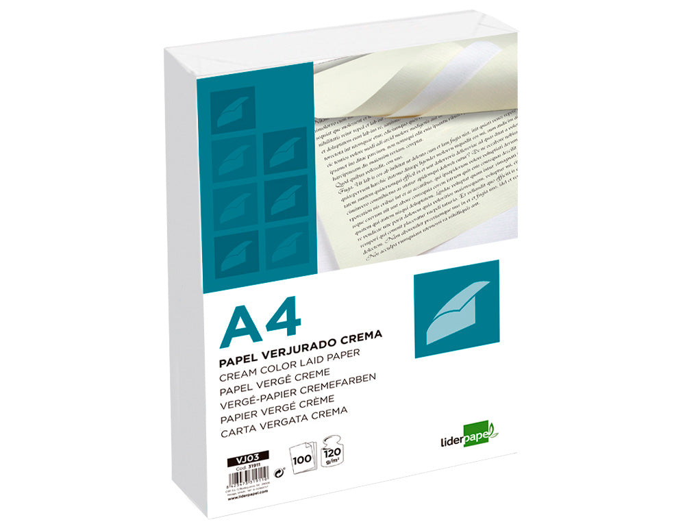 Papel verjurado liderpapel a4 120g/m2 crema paquete de 100 hojas.