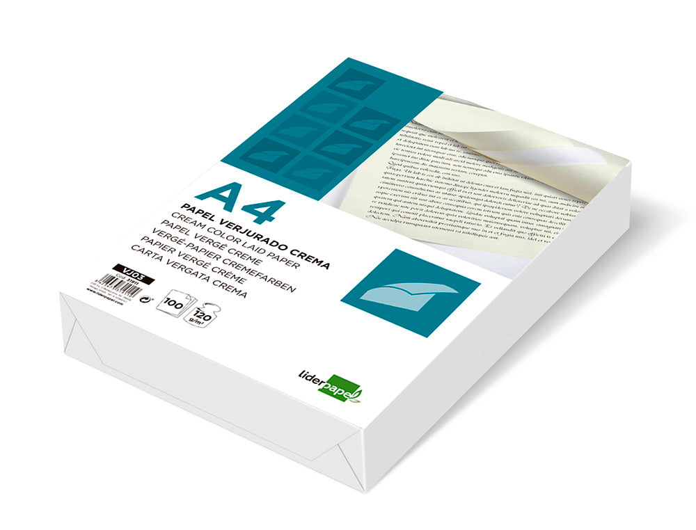 Papel verjurado liderpapel a4 120g/m2 crema paquete de 100 hojas.