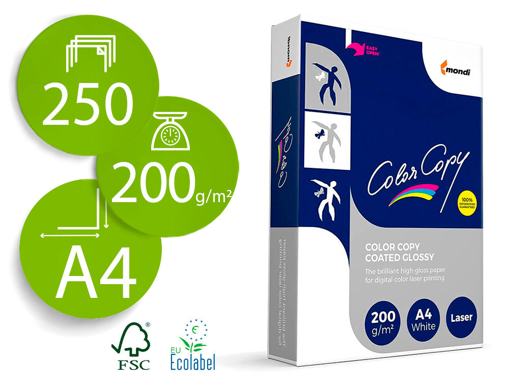 Papel fotocopiadora color copy glossy din a4 200 gramos paquete 250 hojas.