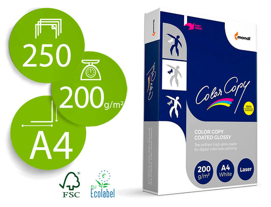 Papel fotocopiadora color copy glossy din a4 200 gramos paquete 250 hojas.