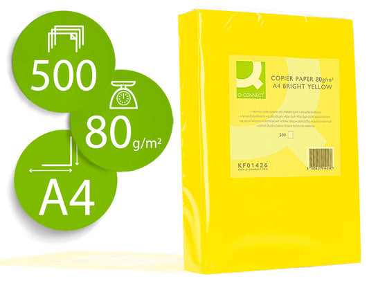 Papel color q-connect din a4 80gr amarillo intenso paquete de 500 hojas.