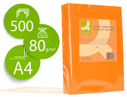 Papel color q-connect din a4 80gr naranja intenso paquete de 500 hojas.
