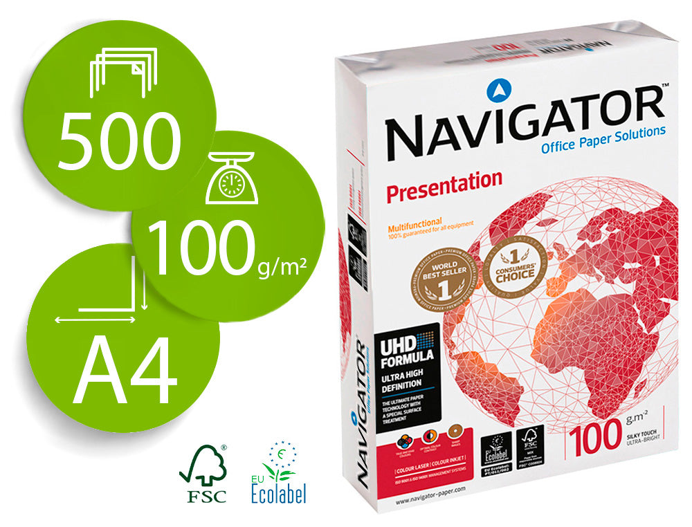 Papel fotocopiadora navigator tamaño a4 grosor 100 gramos papel multiuso ink-jet y laser paquete de 500 hojas.