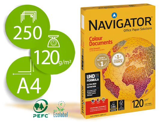 Papel fotocopiadora navigator tamaño din a4 grosor 120 gramos, paquete de 250 hojas.