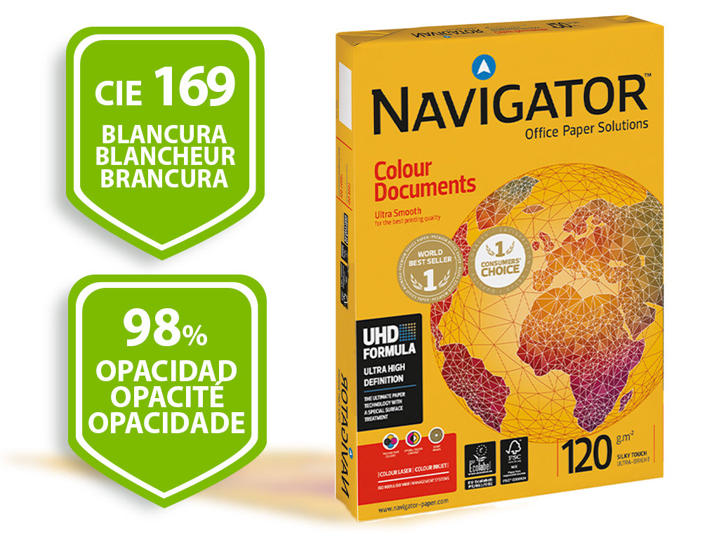 Papel fotocopiadora navigator tamaño din a4 grosor 120 gramos, paquete de 250 hojas.