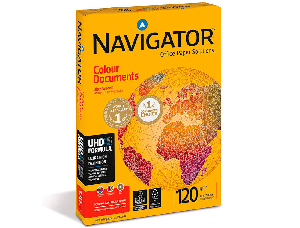 Papel fotocopiadora navigator tamaño din a4 grosor 120 gramos, paquete de 250 hojas.