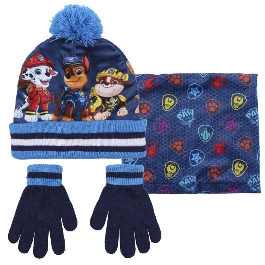 Conjunto 3 piezas Patrulla Canina, Gorro guantes y bufanda cuello con caja de regalo